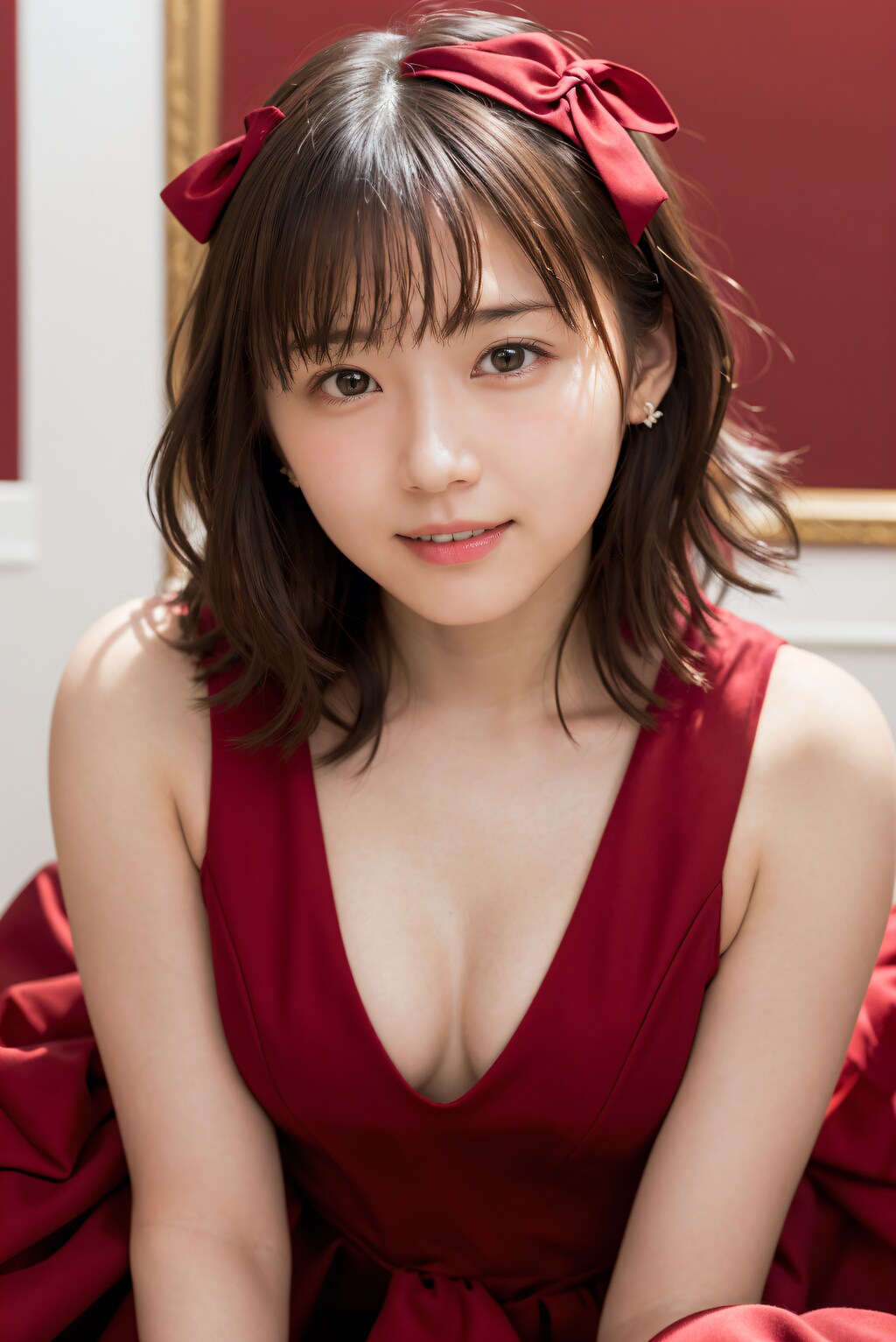 赤いリボンドレスの女性