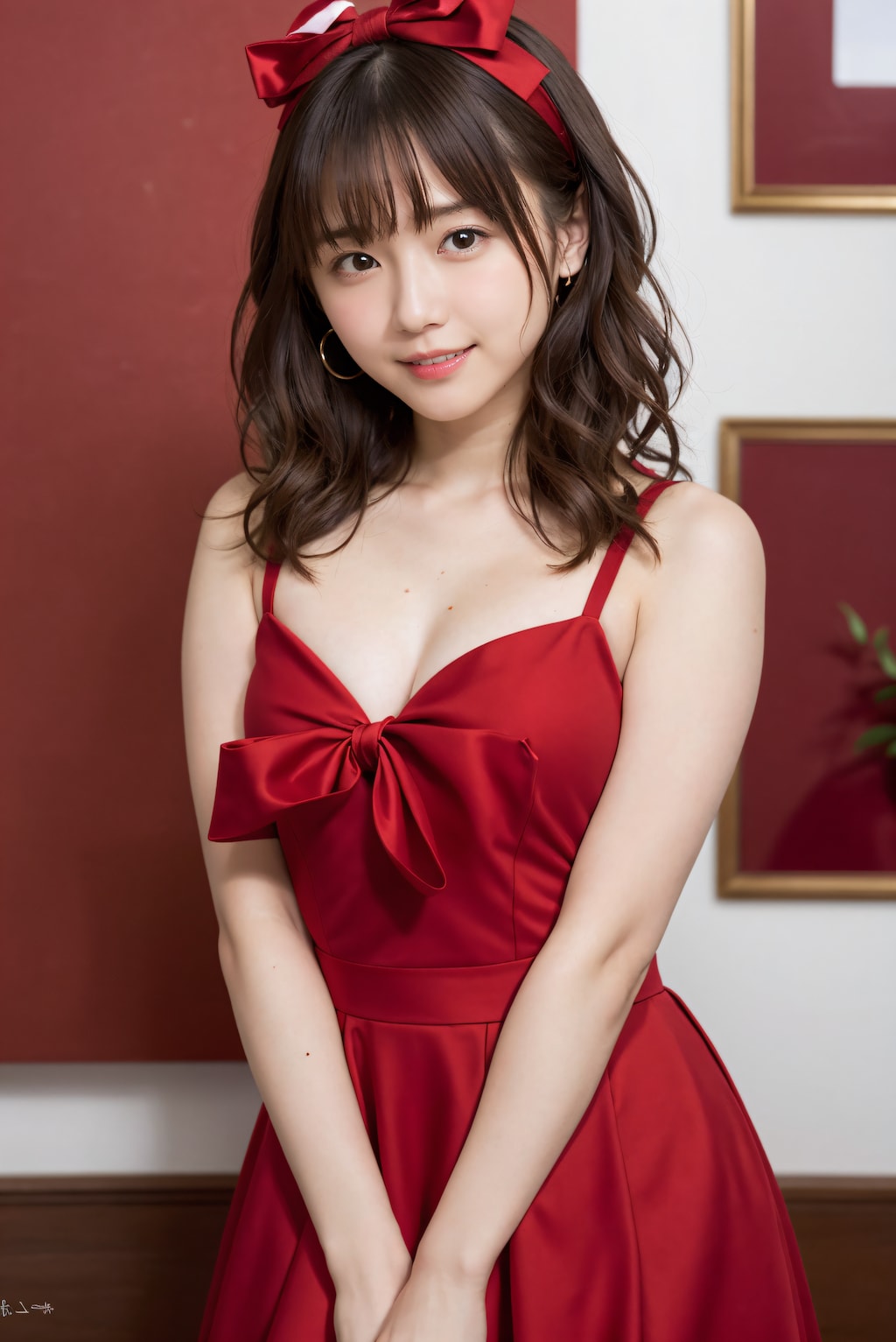 赤いリボンドレスの女性