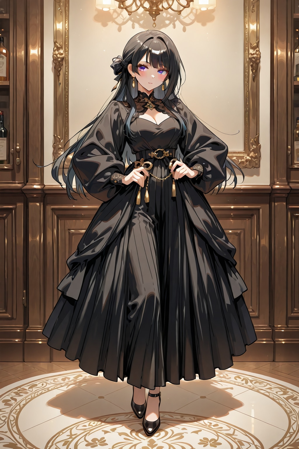 「長く豊かな黒髪だけで身体の要所を隠したグラマラス美女」の全身写真