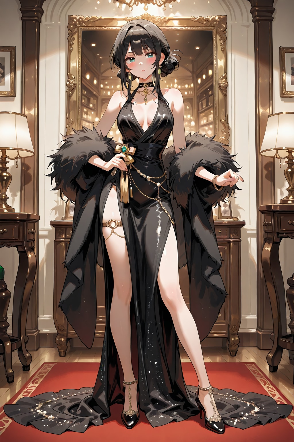 「長く豊かな黒髪だけで身体の要所を隠したグラマラス美女」の全身写真 | の人気AIイラスト・グラビア