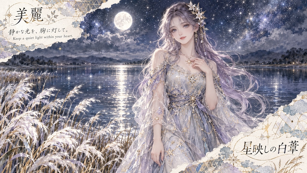 Starlight Reed Maiden  A serene evening where soft starlight and moonlight mirror across the quiet l