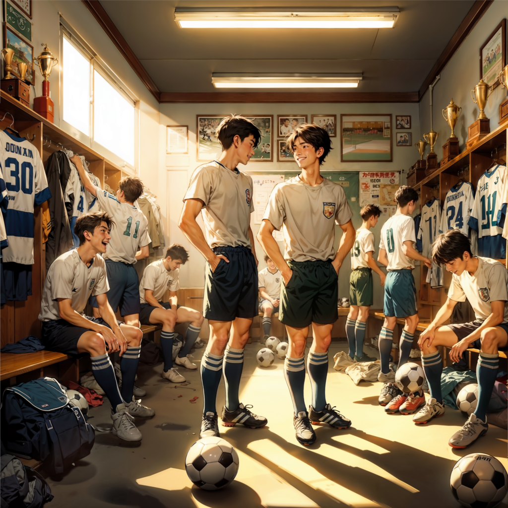 部室で談笑するサッカー部員