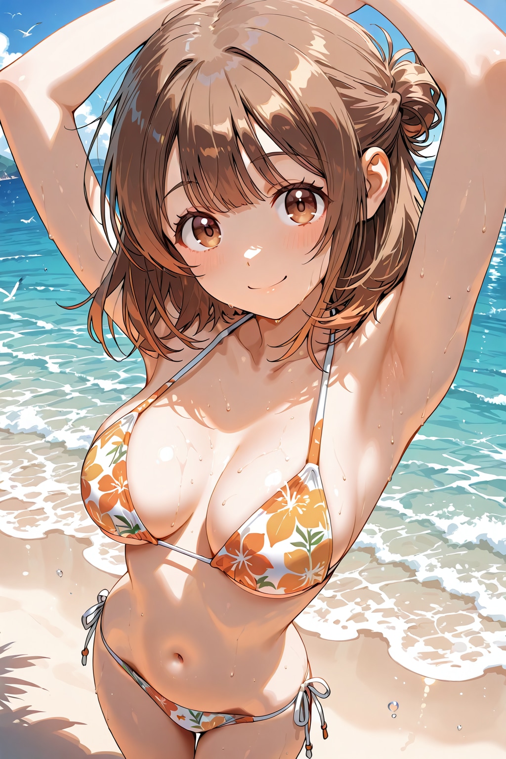 茶髪ショート美少女 花柄ビキニ 俯瞰画角 ワキ