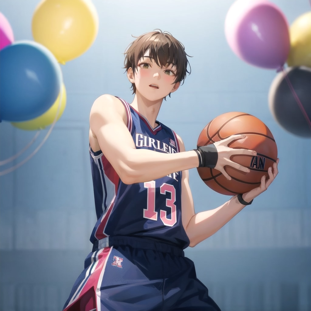 いっぱい巨大風船を持つブラウンショートカットのバスケットボール選手の美女。 | の人気AIイラスト・グラビア