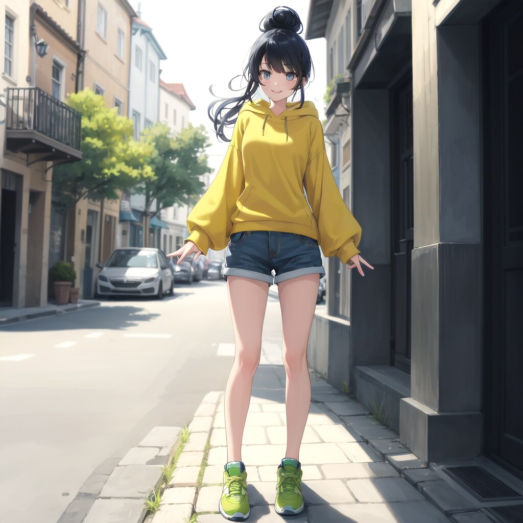 パーカーを着た、お団子ヘアーの女の子