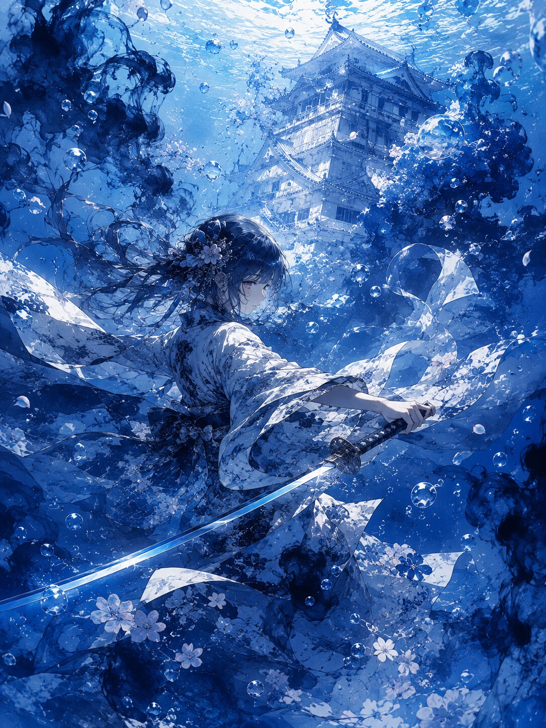 水中の桜と武士
