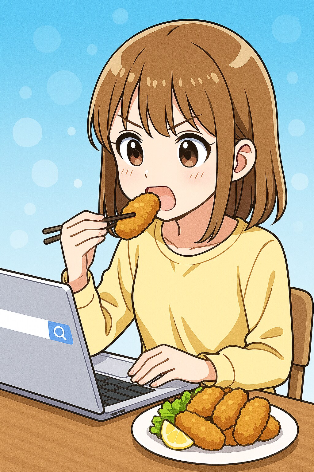 カキフライを食べながらネット検索する女の子