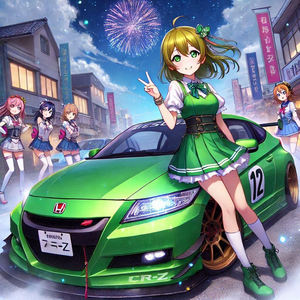 ラブライブキャラとグリーンカラーのホンダCR-Zのドリ車