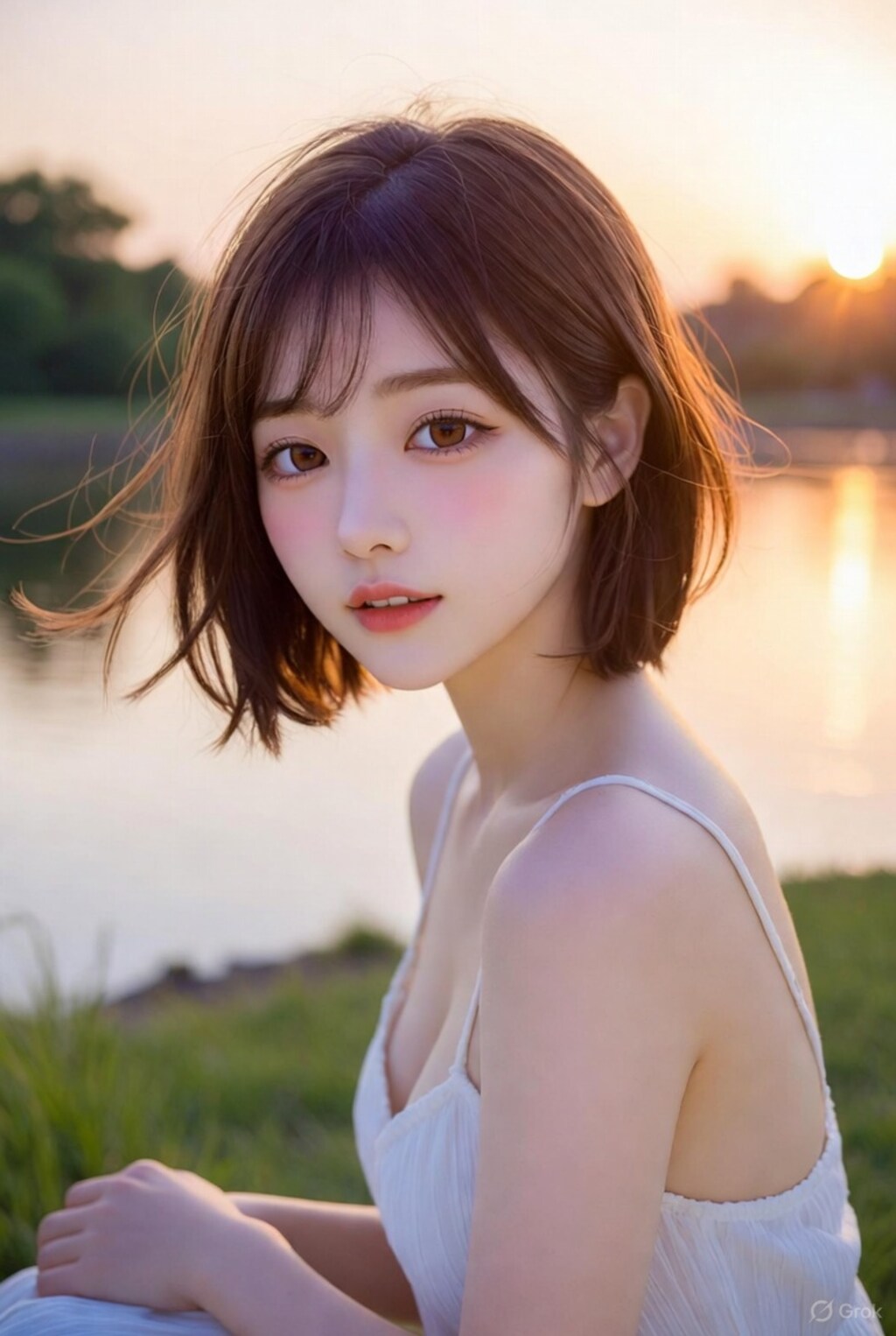 茶髪ボブでサンドレスの美女