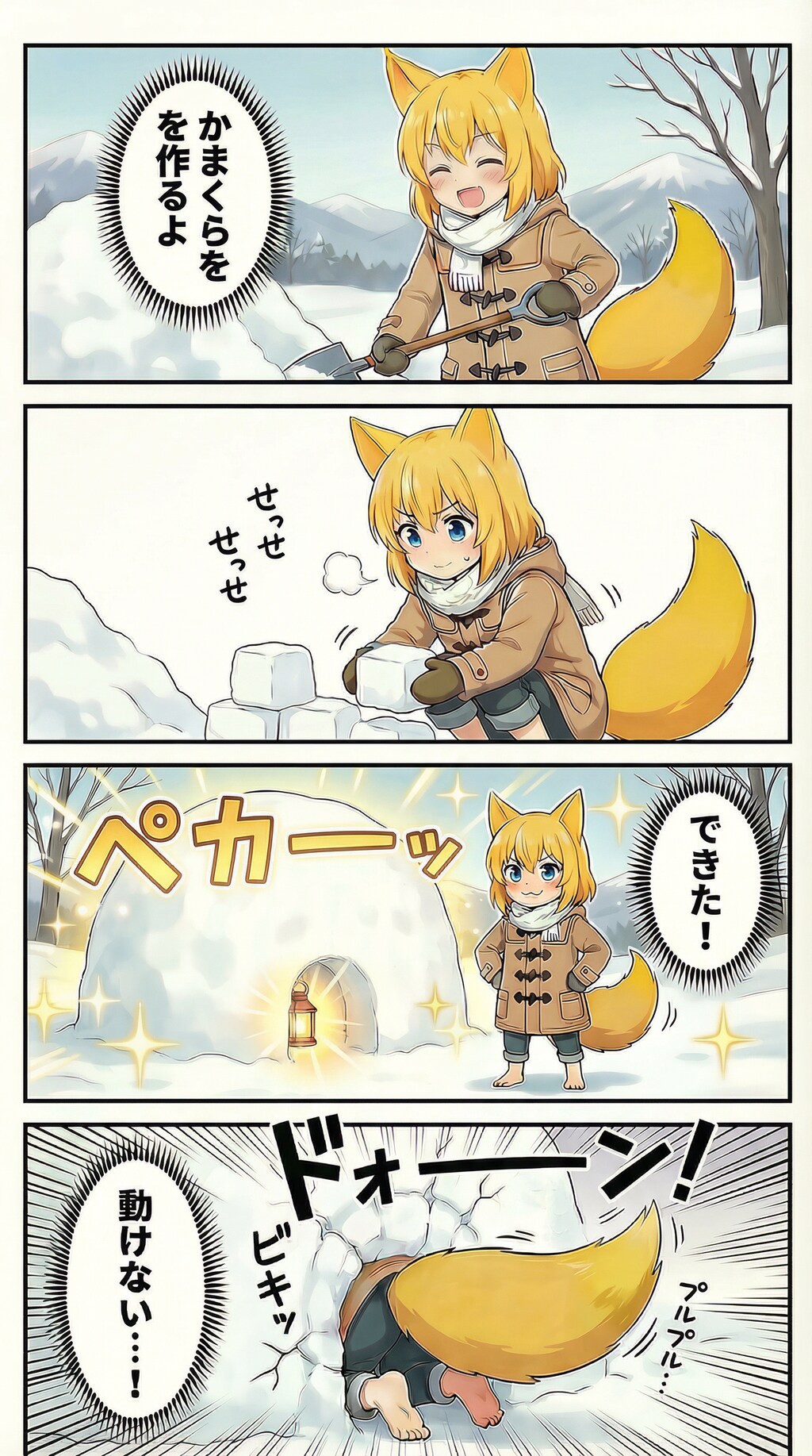 凍てつく青空と白い山並みを背にして息を吐くたび白いけむりがふわりと舞い厚手のコートと白いマフラーと手袋で上半身は完全防寒しつつかまくら作りに熱中し…