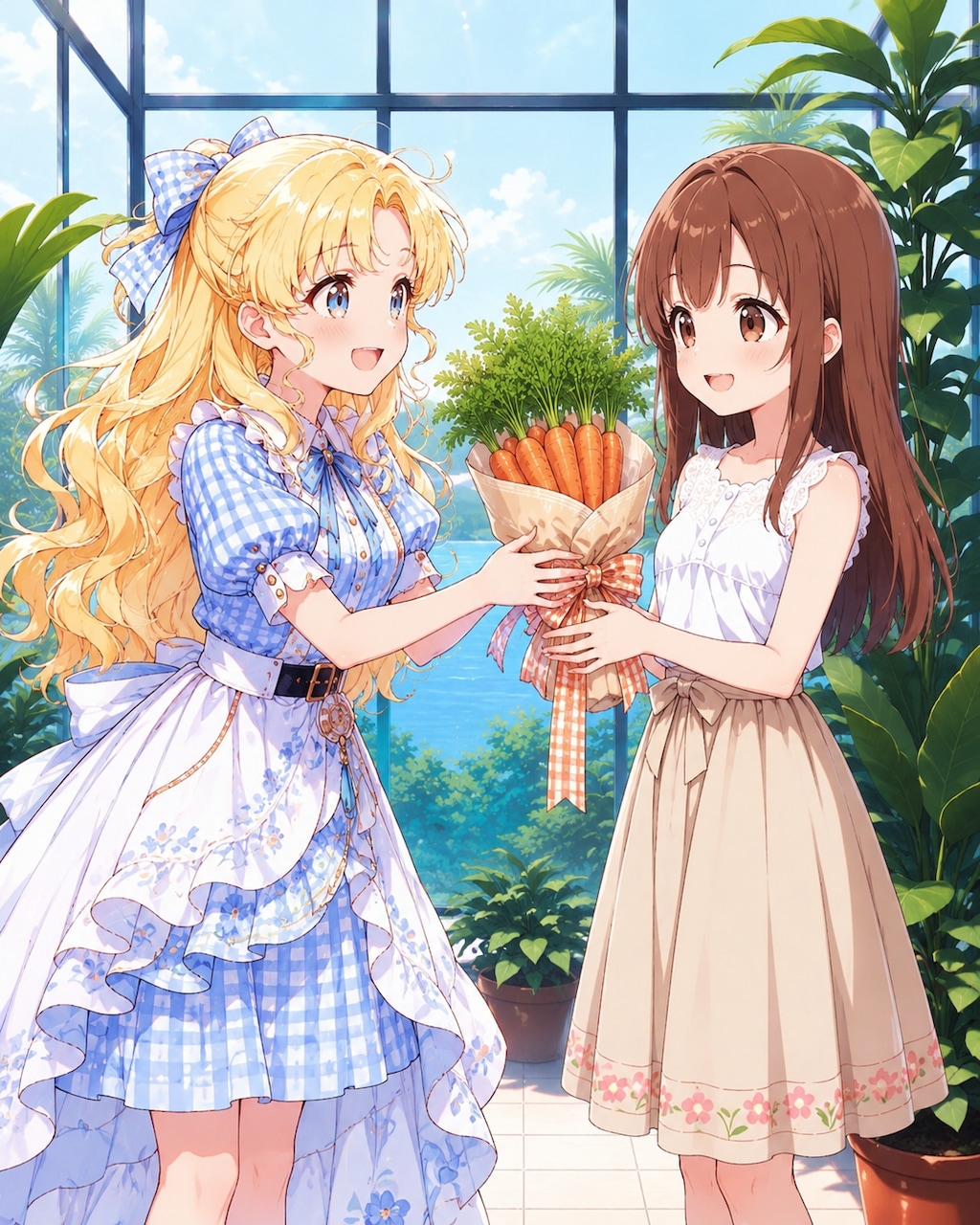 金髪ちゃんからかえでちゃんに人参の花束を贈呈