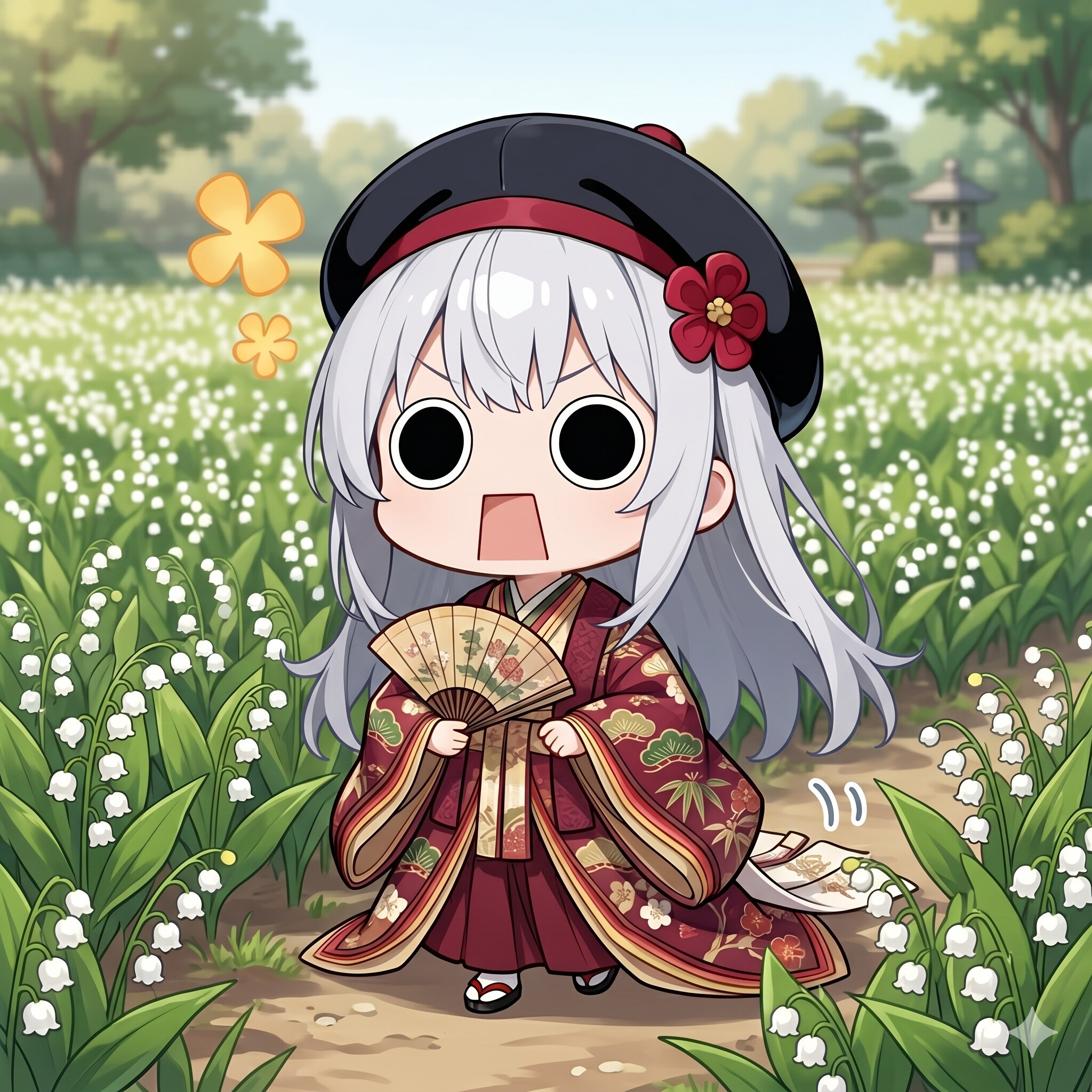 扇を持って鈴蘭の道を歩くえらいこっちゃ嬢