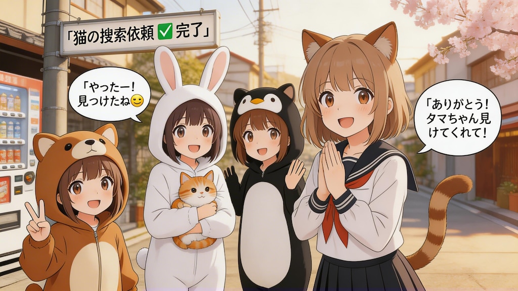 【All0414a】逃げた猫をみんなで捜索した結果、ようやく発見して無事に保護することができた（モデル: Seedream 5.0）