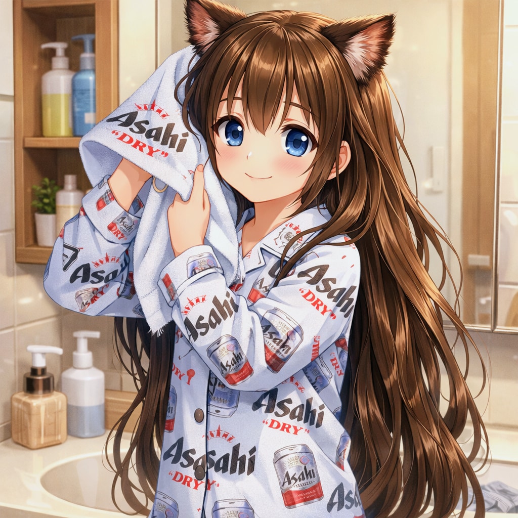 お風呂上りに髪を拭く小さな女の子