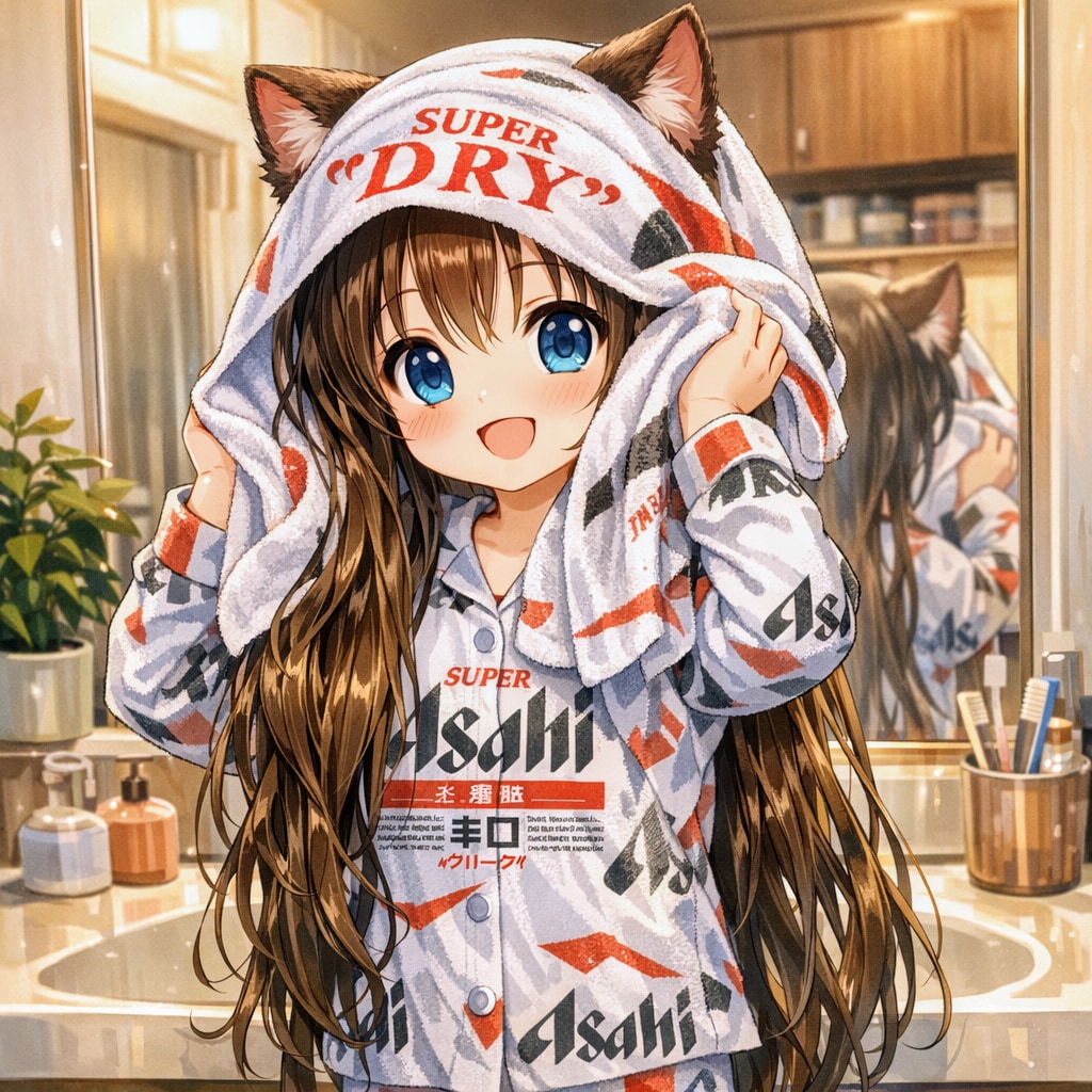 お風呂上りに髪を拭く小さな女の子