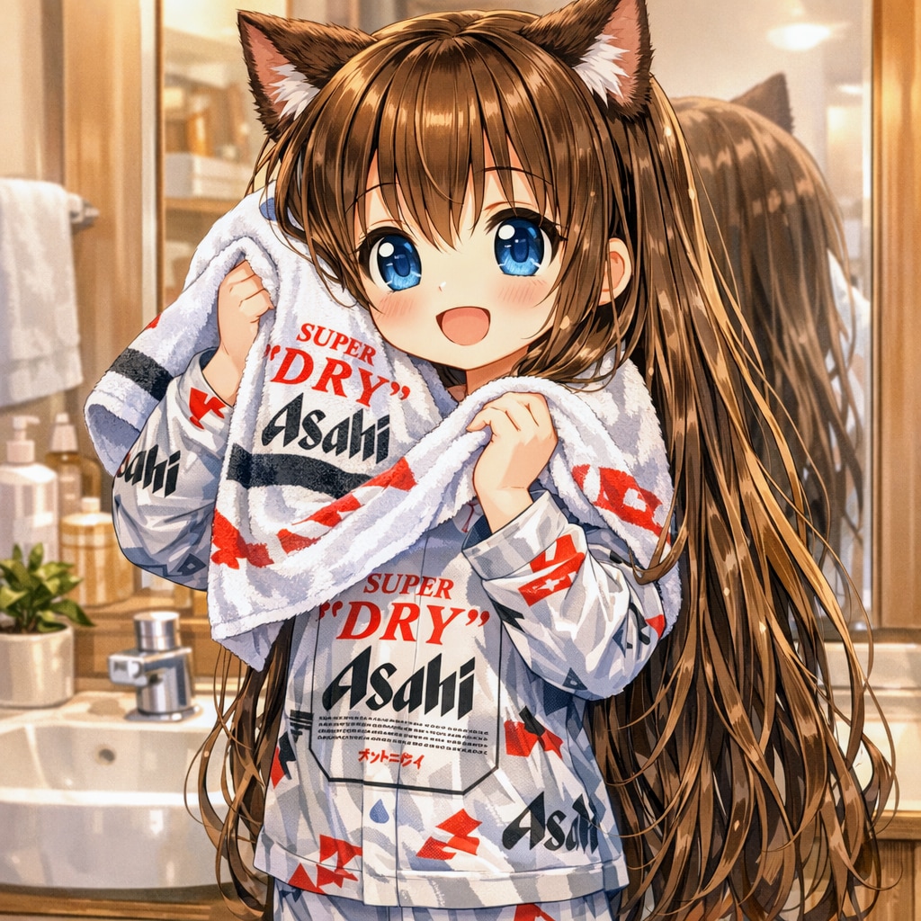 お風呂上りに髪を拭く小さな女の子