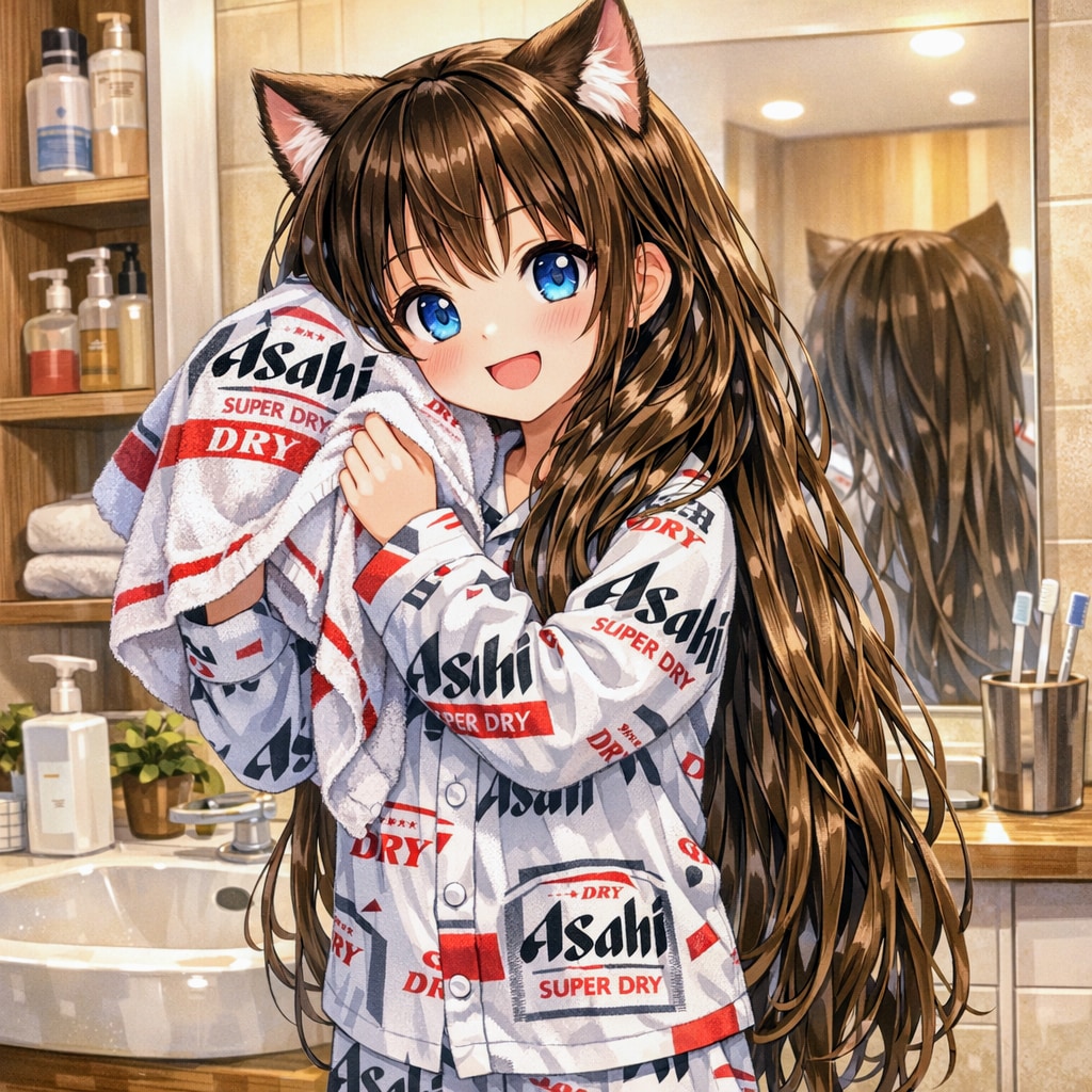 お風呂上りに髪を拭く小さな女の子