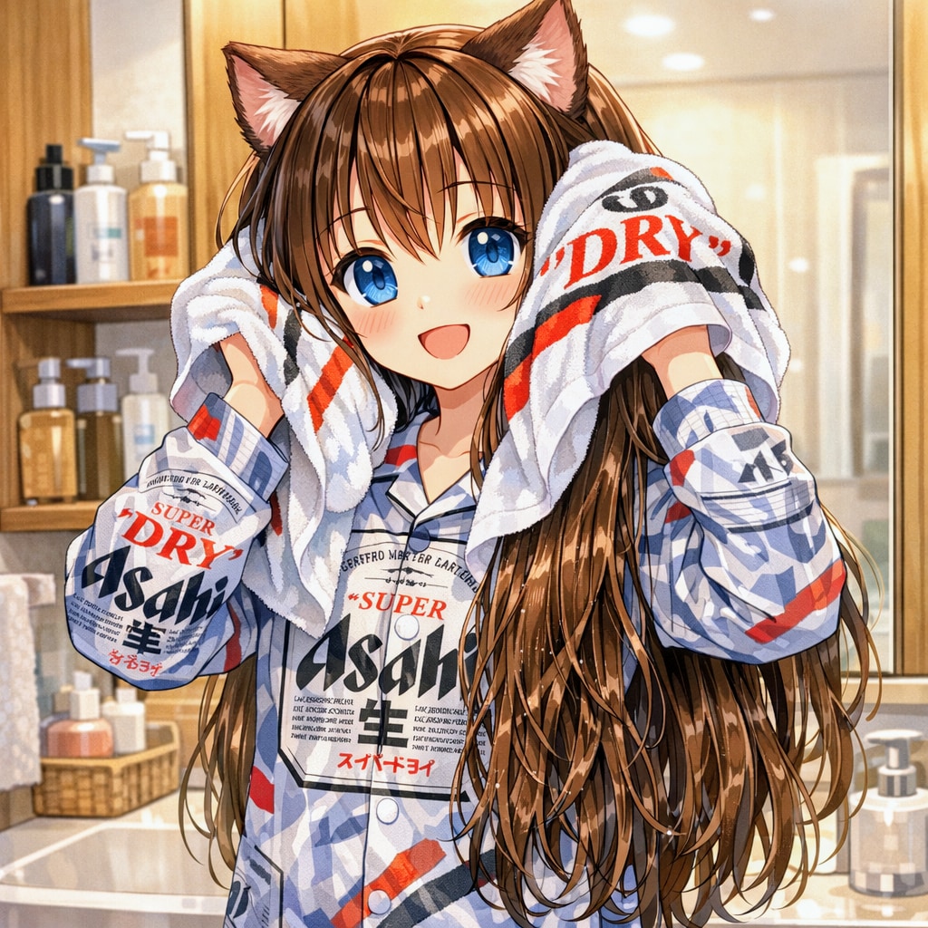 お風呂上りに髪を拭く小さな女の子