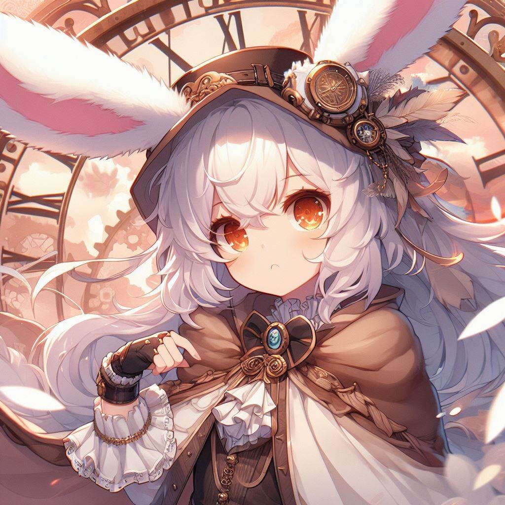 巨大な時計？とスチームパンク衣装と兎耳の女の子
