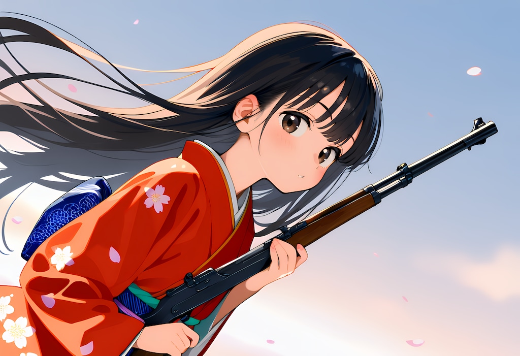 振袖女子と射的銃