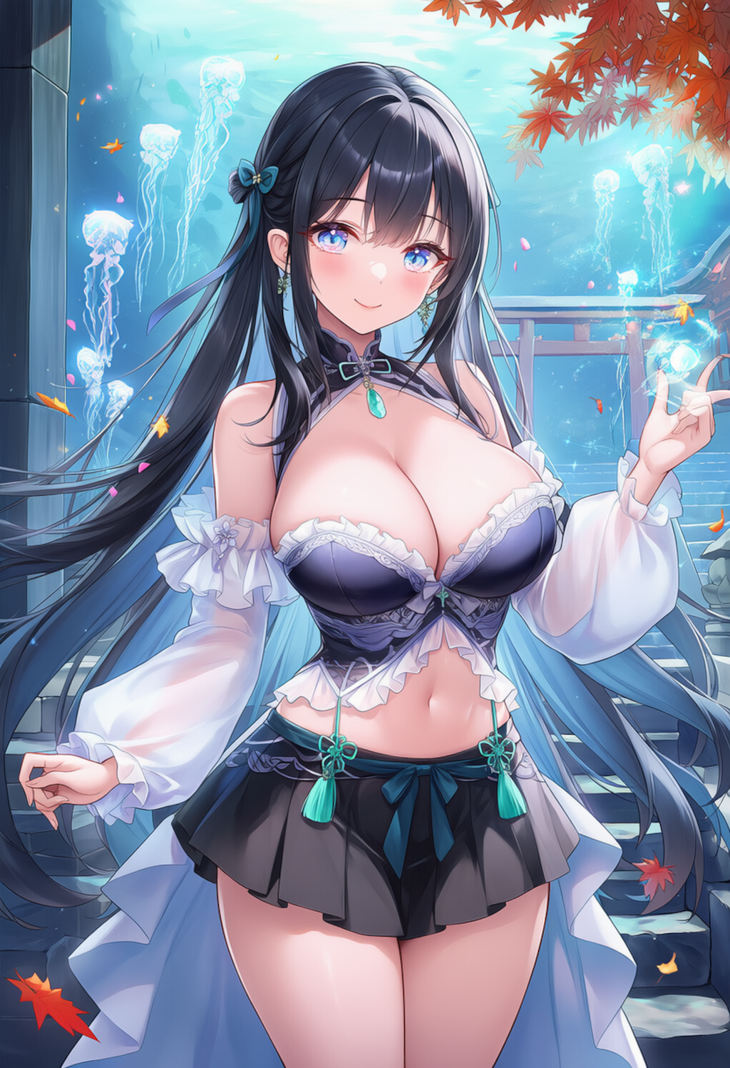 クラゲと漢服ドレスの美女