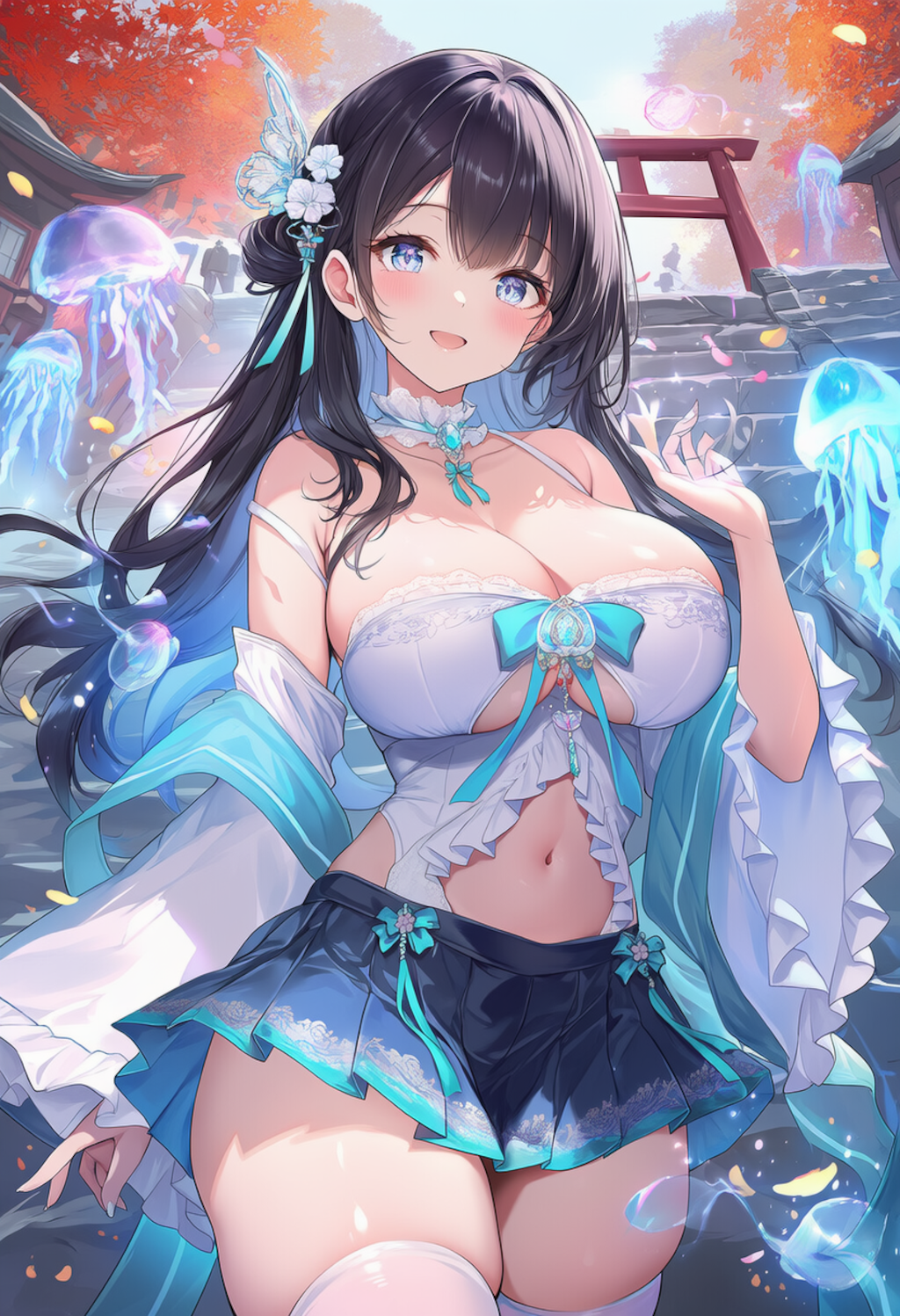 クラゲと漢服ドレスの美女