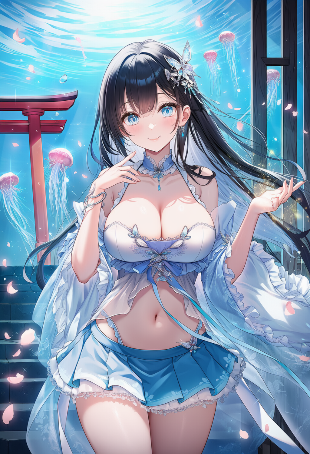 クラゲと漢服ドレスの美女