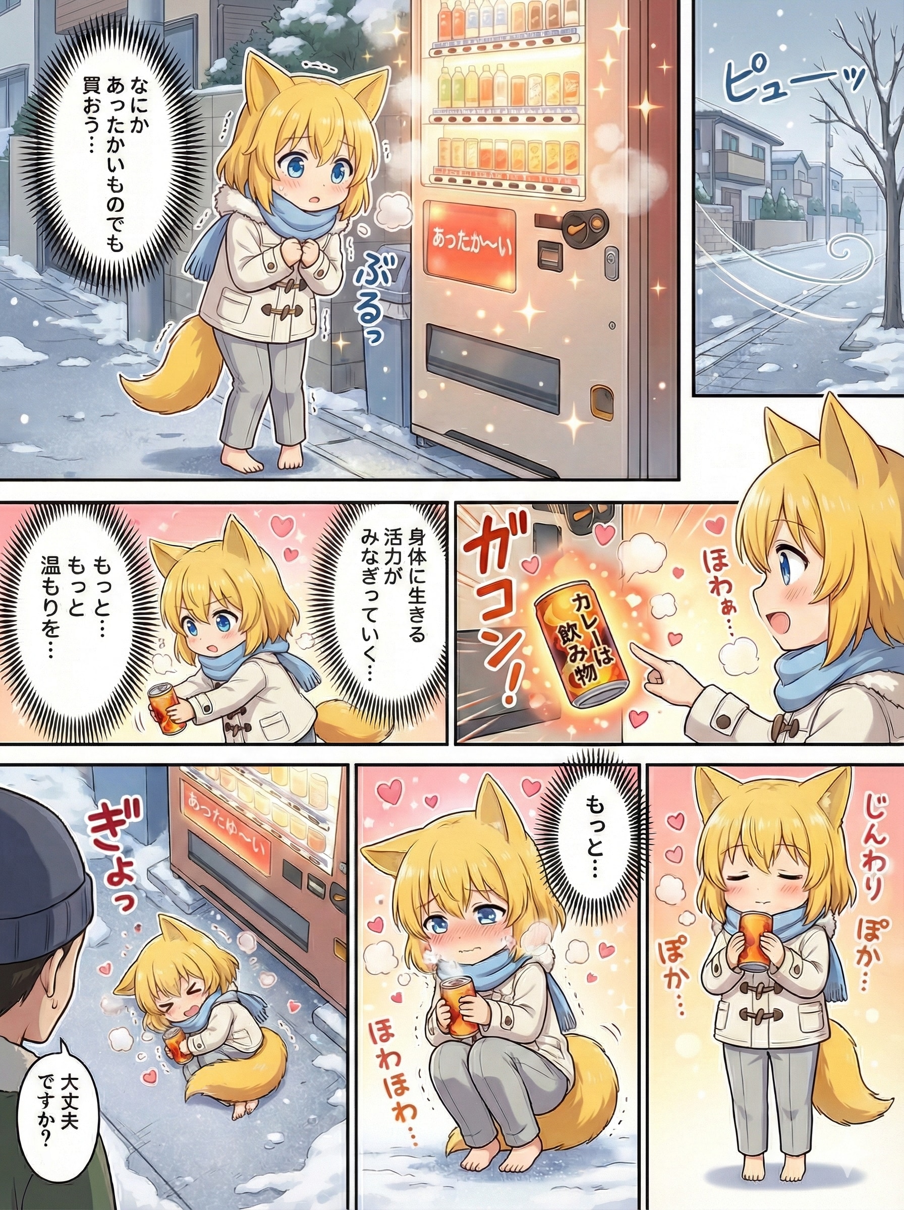 自販機で買った飲み物のエネルギーを皮膚から吸収しているところを通行人に見つかり心配されるキツネ | の人気AIイラスト・グラビア