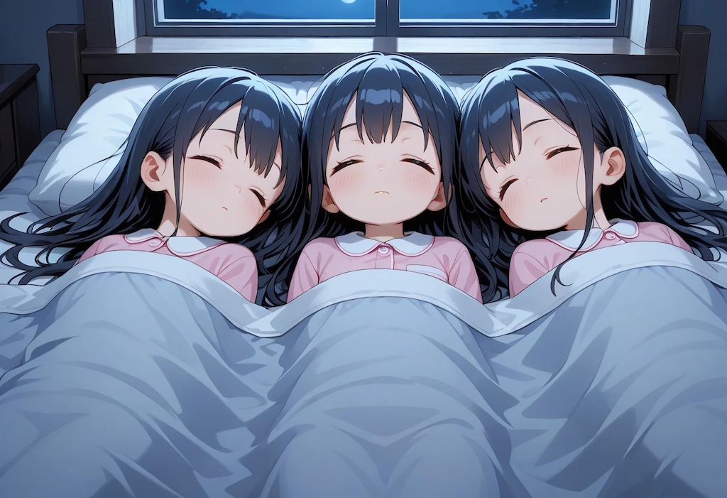 一つのベッドで眠る三つ子ちゃん