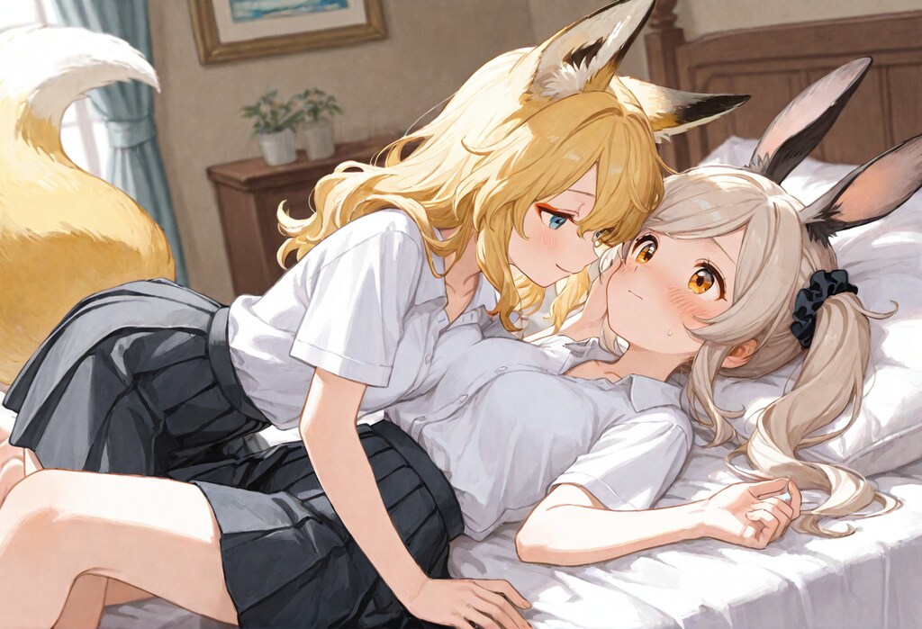 おうちのベッドの上で… 🦊×🐇
