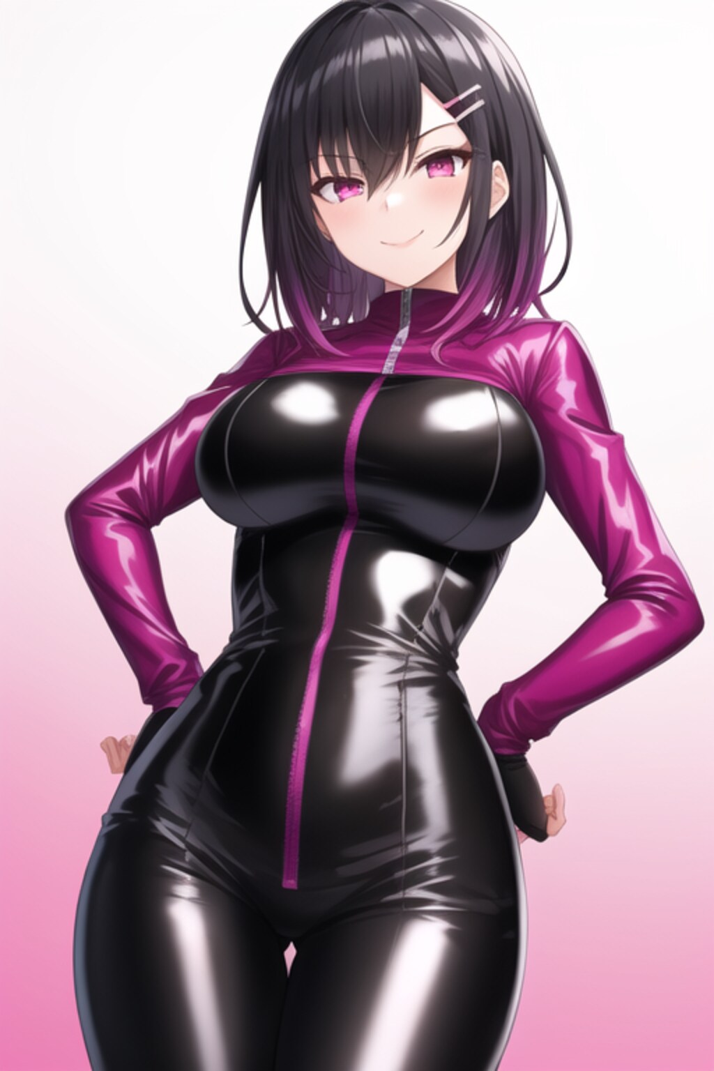 紫と黒のボディスーツ姿の爆乳お姉さん(pixai)