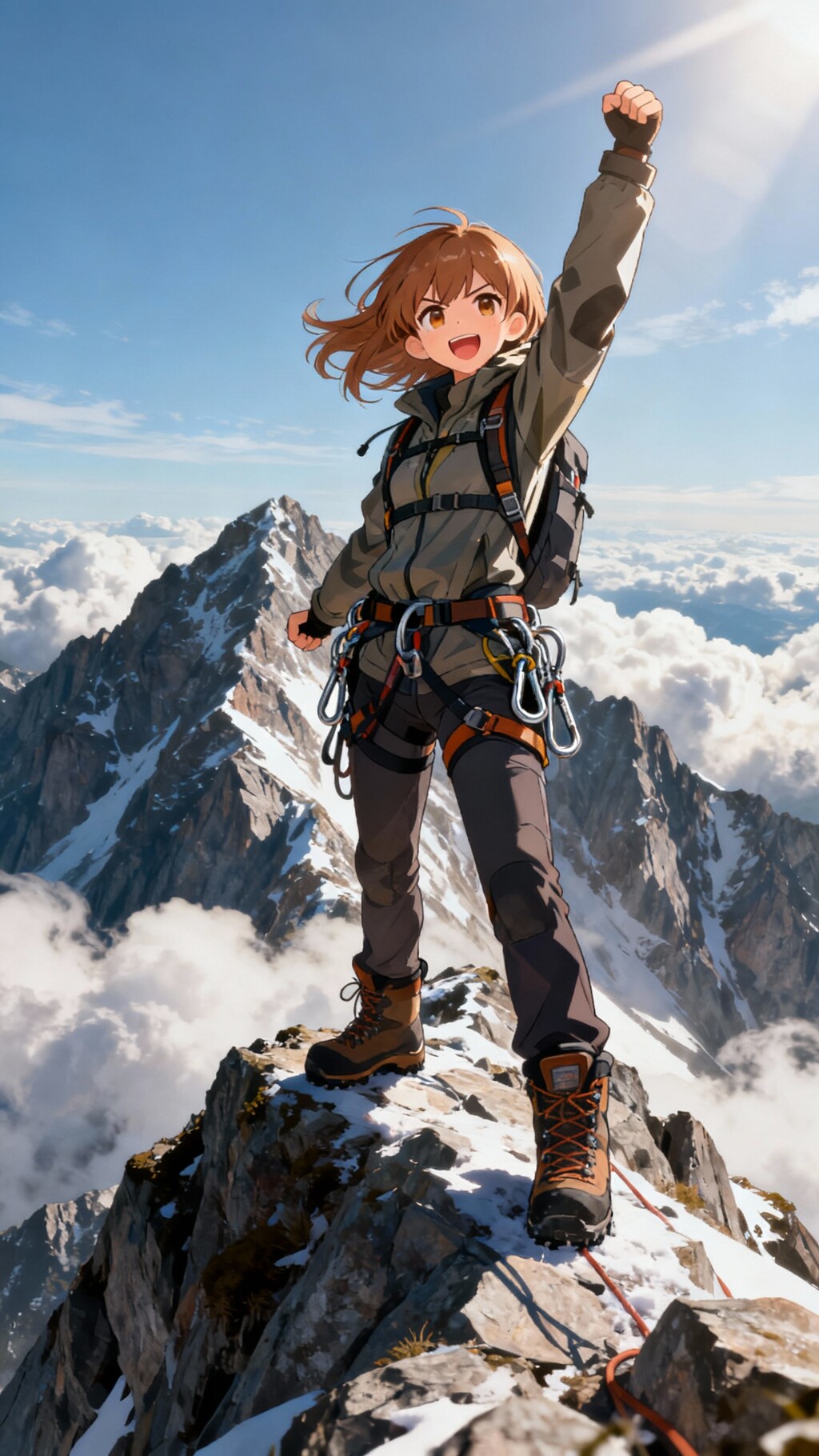 山頂でガッツポーズをする登山家ちゃん