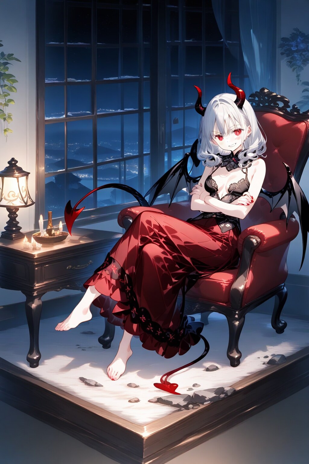椅子に座り脚組みする悪魔