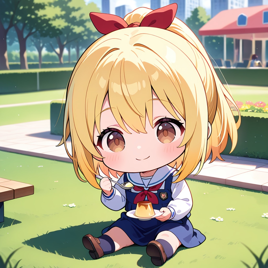 芝生の上でのプリンを食べるちび金ポニテちゃん | の人気AIイラスト・グラビア