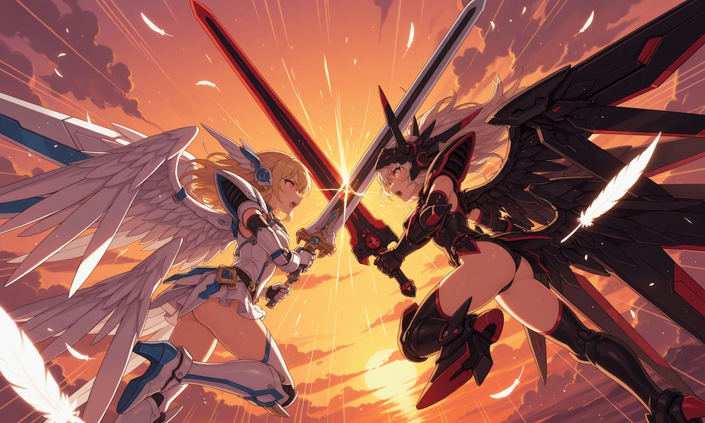 夕日の下で天使VS悪魔