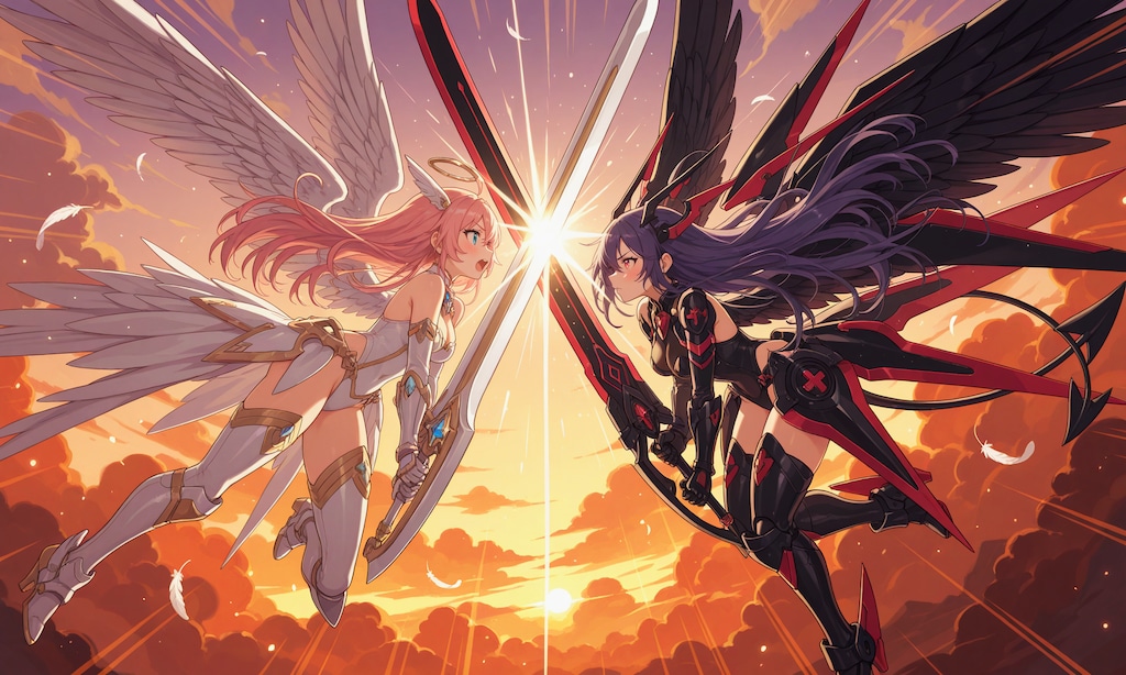 夕日の下で天使VS悪魔