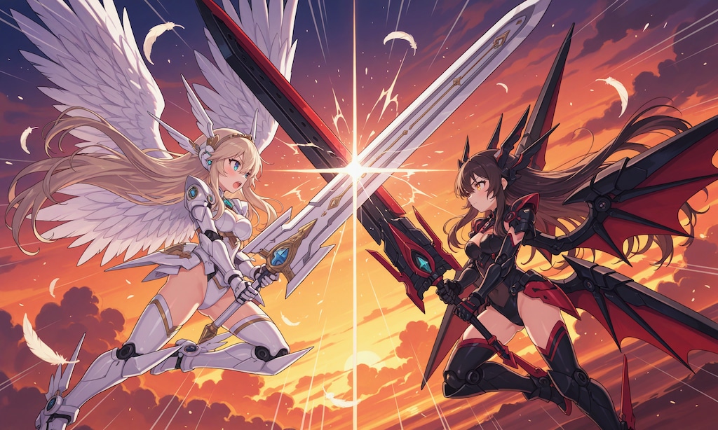 夕日の下で天使VS悪魔