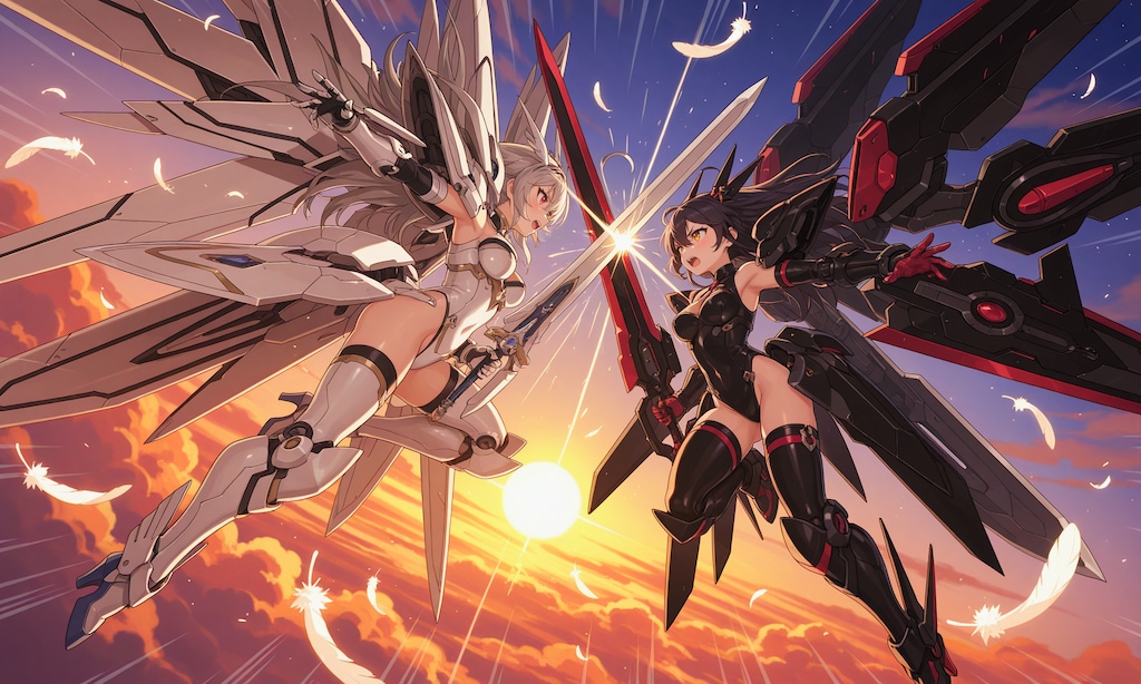 夕日の下で天使VS悪魔