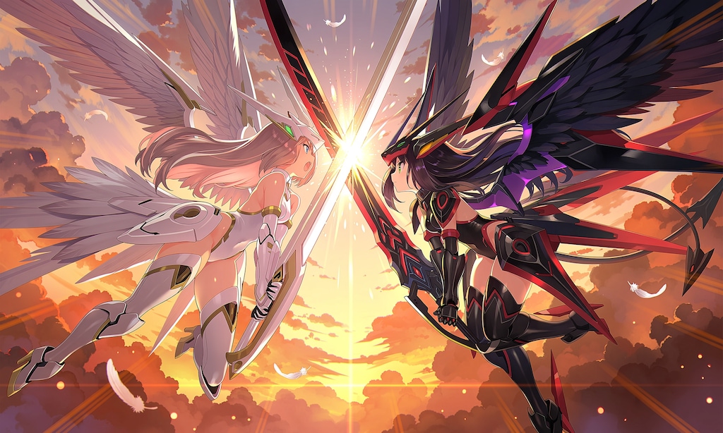 夕日の下で天使VS悪魔