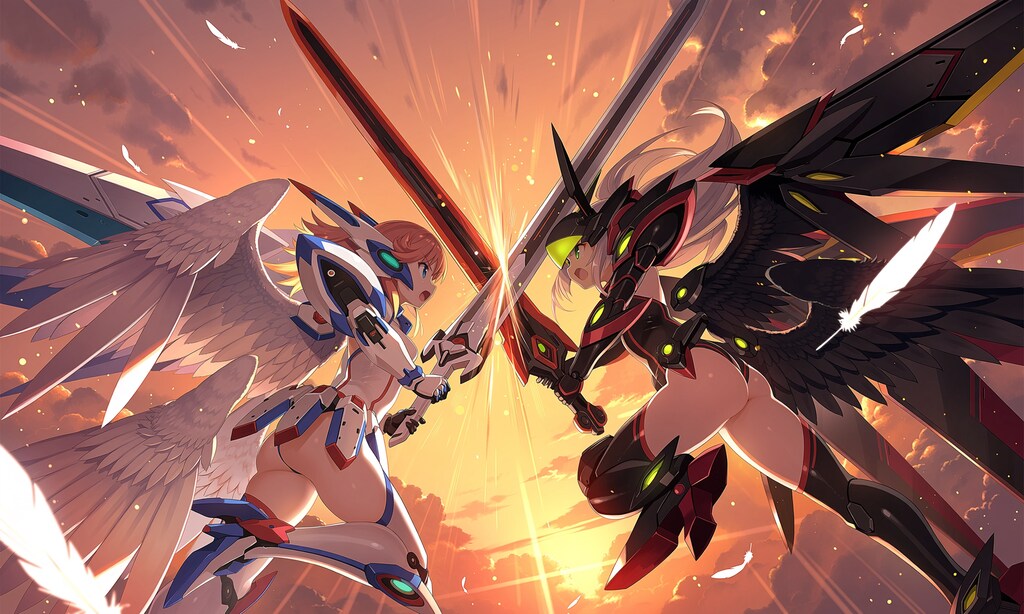 夕日の下で天使VS悪魔