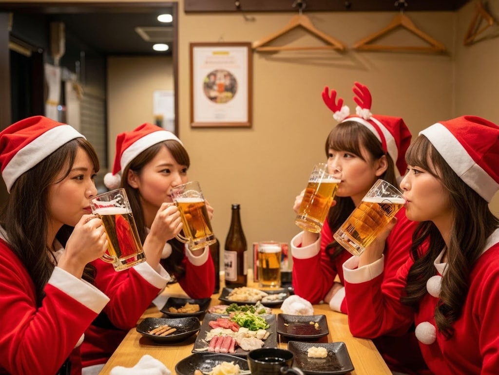 X'masイベントの仕事の打ち上げでグイグイ呑む女子