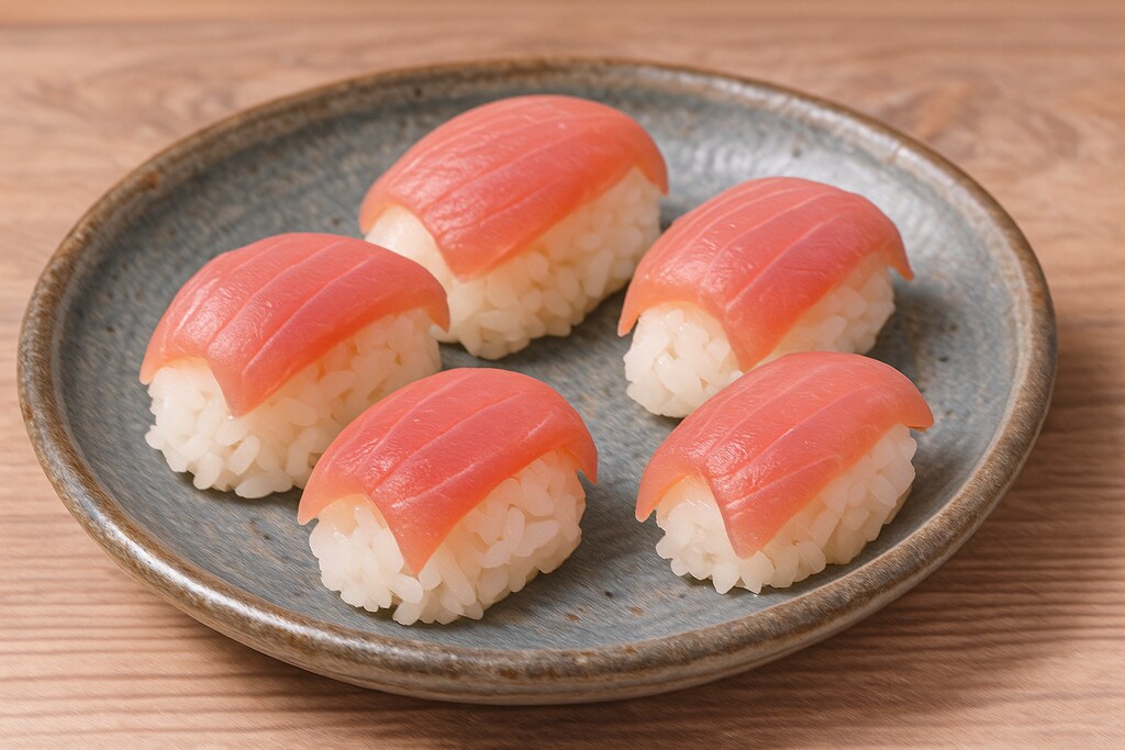 小皿に盛られた小さな刺身乗せ握りご飯