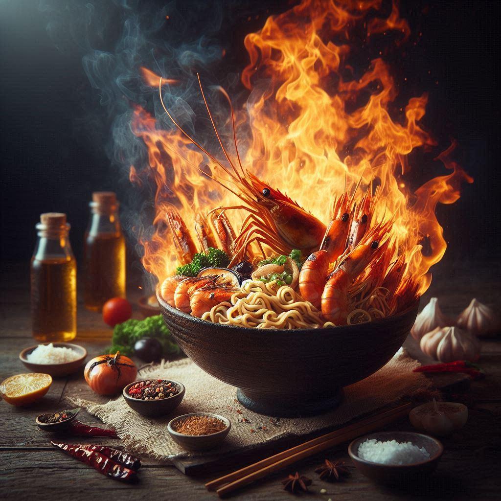 燃えるseafood noodle