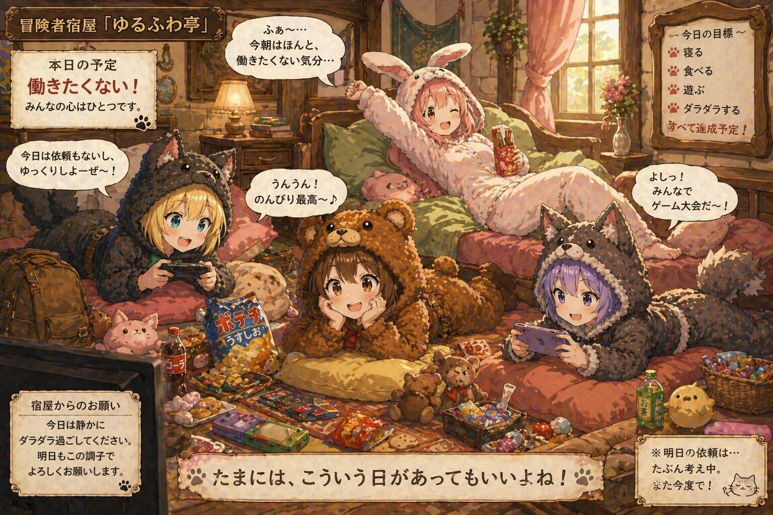 【All0505c】今日は朝からみんなの体調が優れない、疲れているのかも、冒険は今日はお休みする。（ChatGPT）