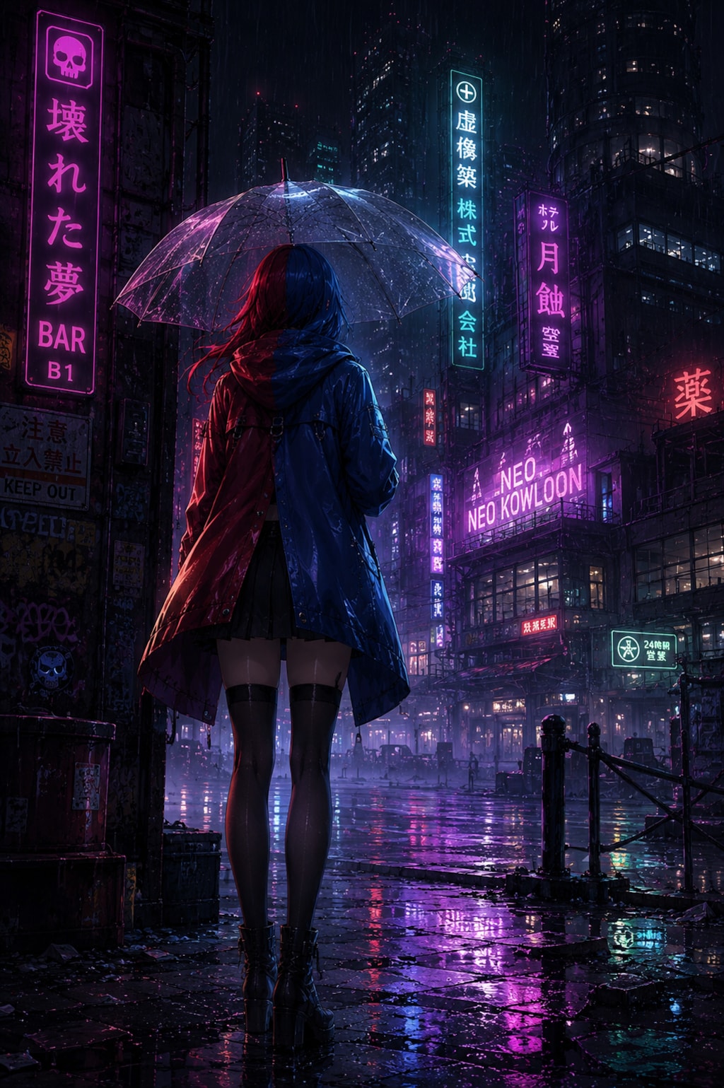 雨夜、ネオンの海に溶け流れる刻の残照、
