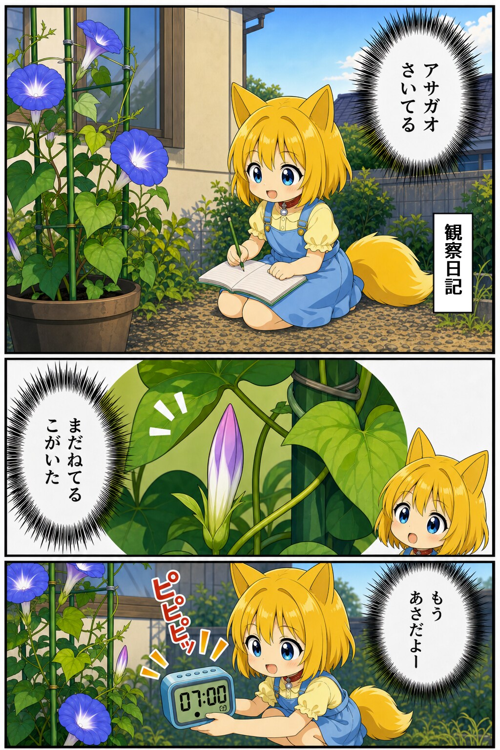 つぼみの朝顔を強制的に起床させようとするキツネ