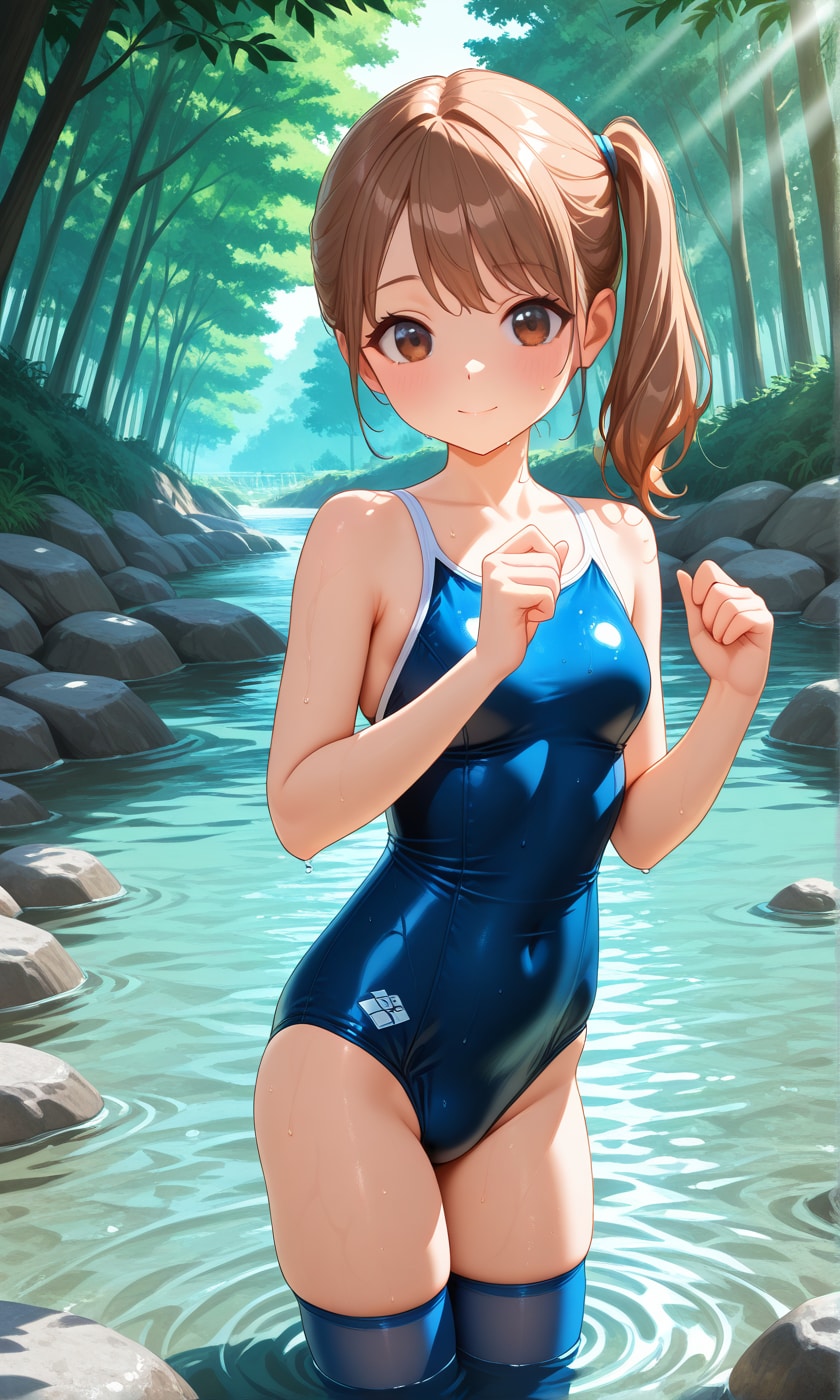 川遊びをするスク水サイドポニー女子