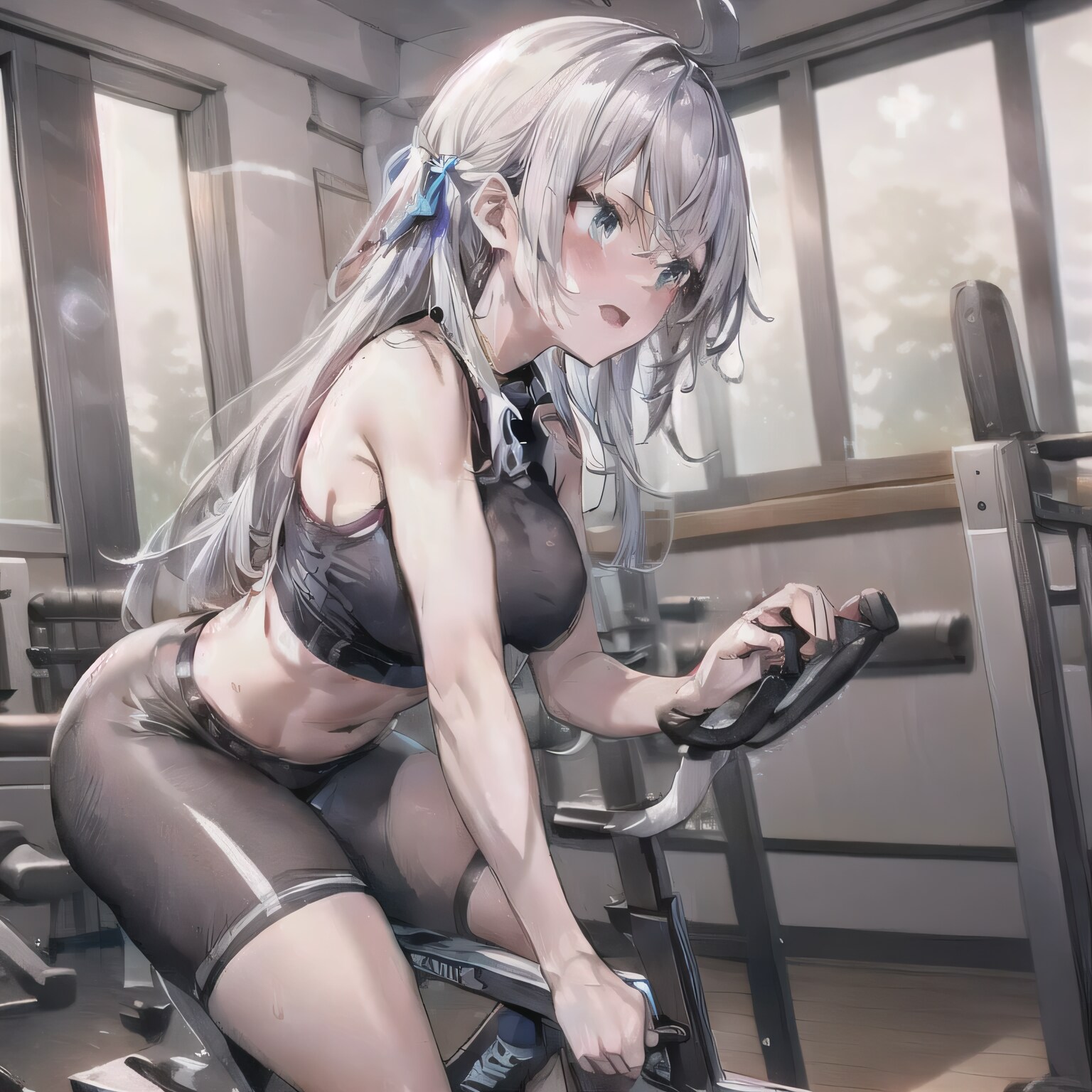 灰髪ロングでエアロバイクの少女２ | の人気AIイラスト・グラビア