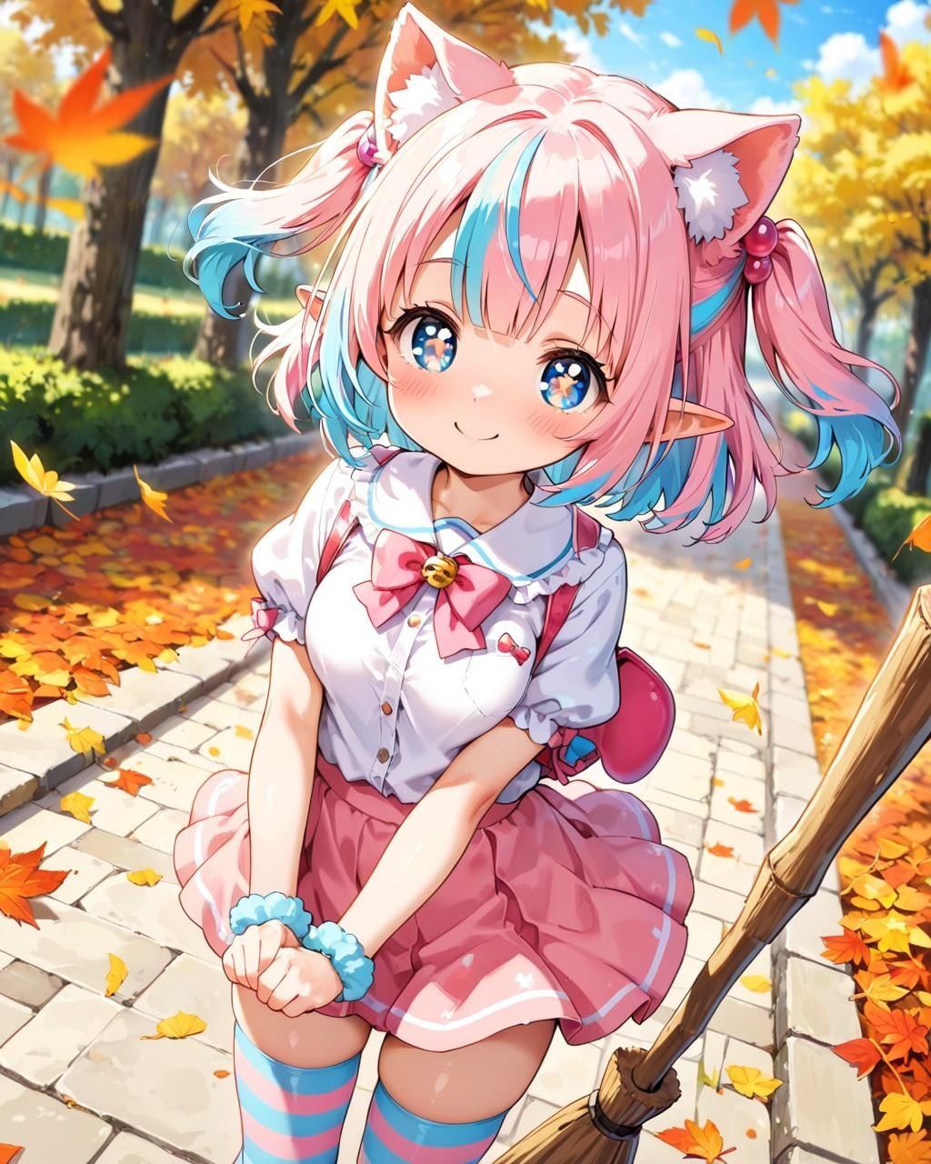 3枚）落ち葉清掃をするケモ耳エルフさん