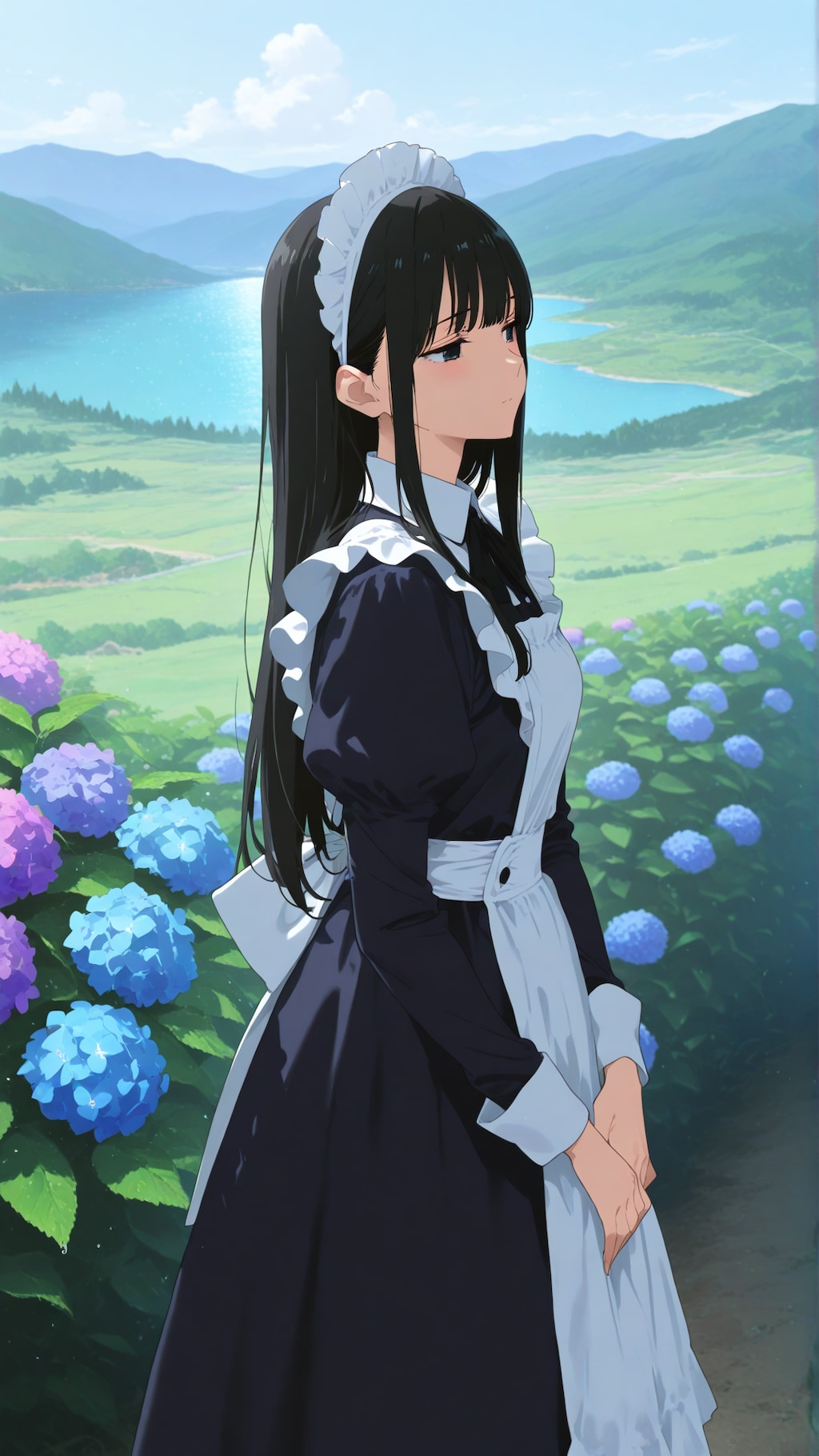 高原の紫陽花とメイドさん